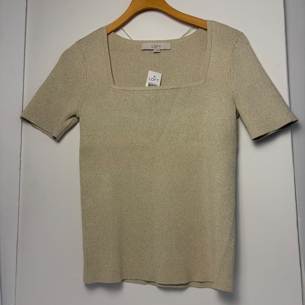 LOFT Womens Champagne Gold Metallic Ribbed Square‎ Neck Short Sleeve Sweater M